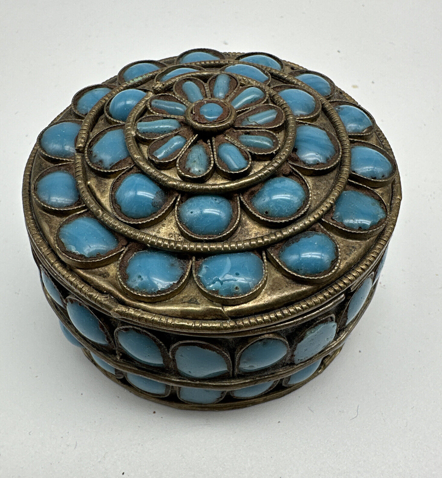 Vintage India Sudha Hand Crafted Turquoise Jeweled Trinket Jewelry Box J33