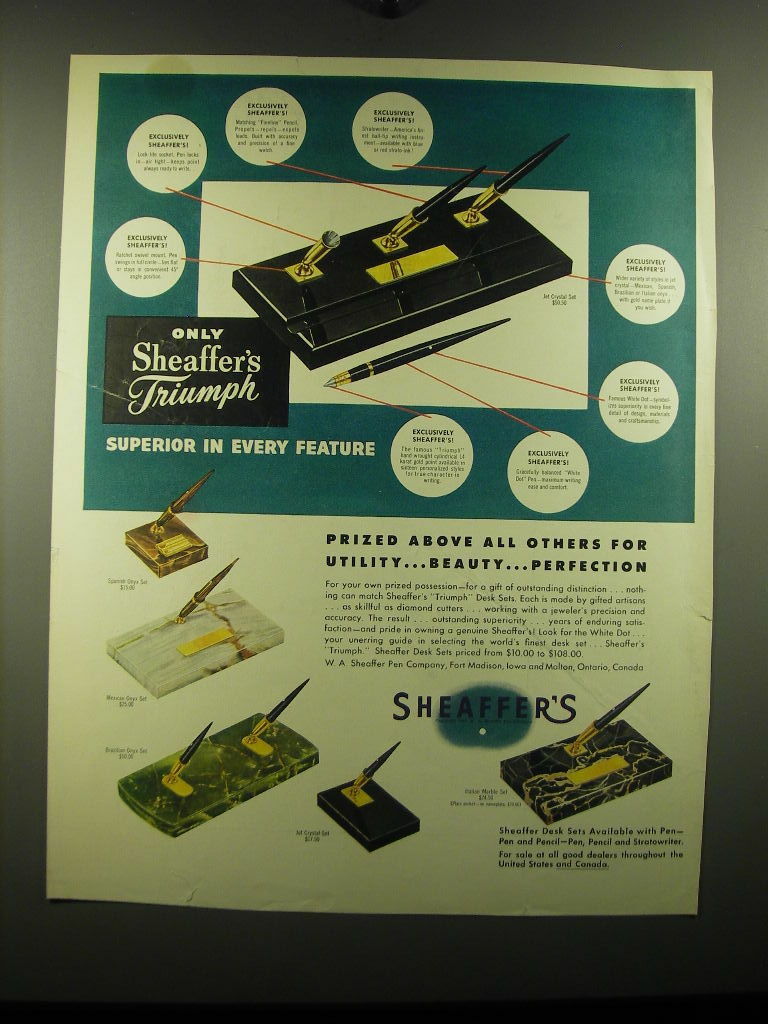 1948 Sheaffer\'s Triumph Pen Desk Sets Ad - Only Sheaffer\'s Triumph superior