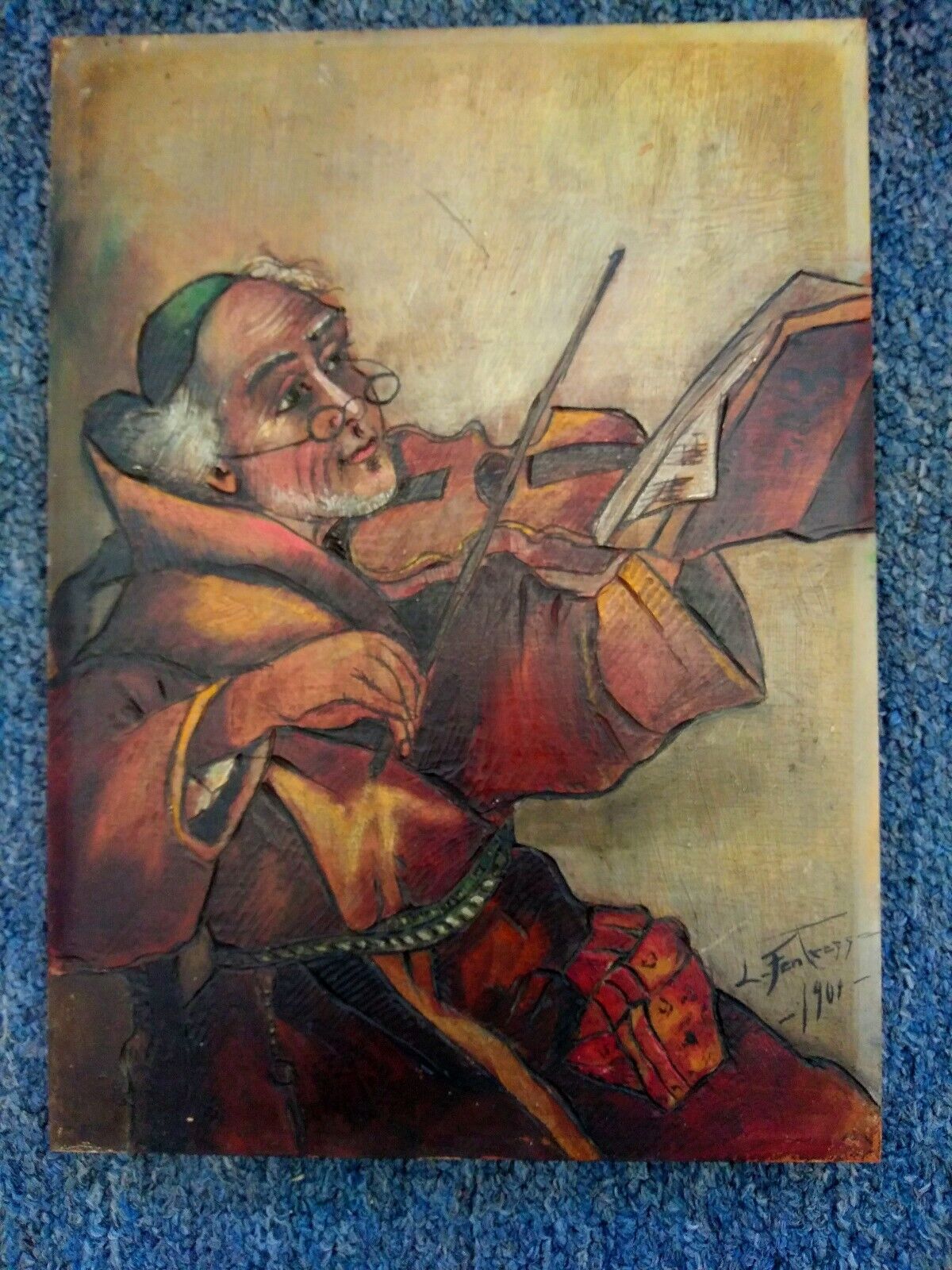 1901 Antique religious hand painted. Wood etching signed painting
