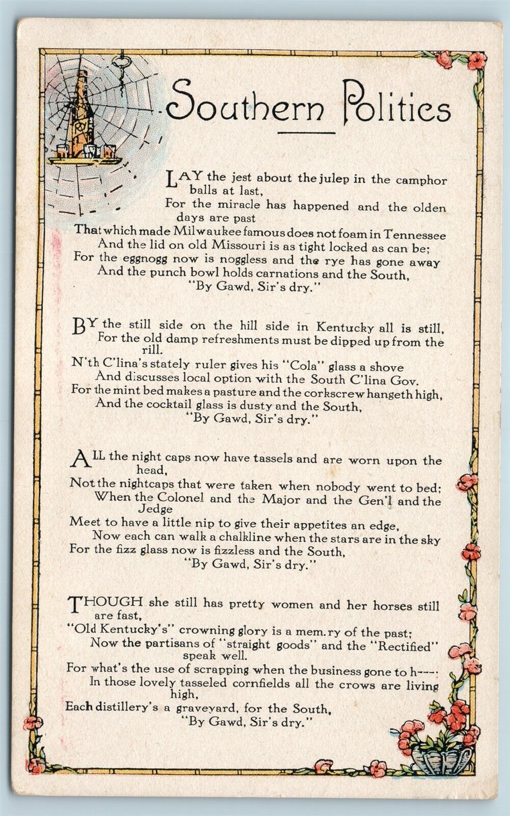 Postcard Lexington Kentucky Southern Politics Poem By Gawd Sir\'s Dry c1920s AG12