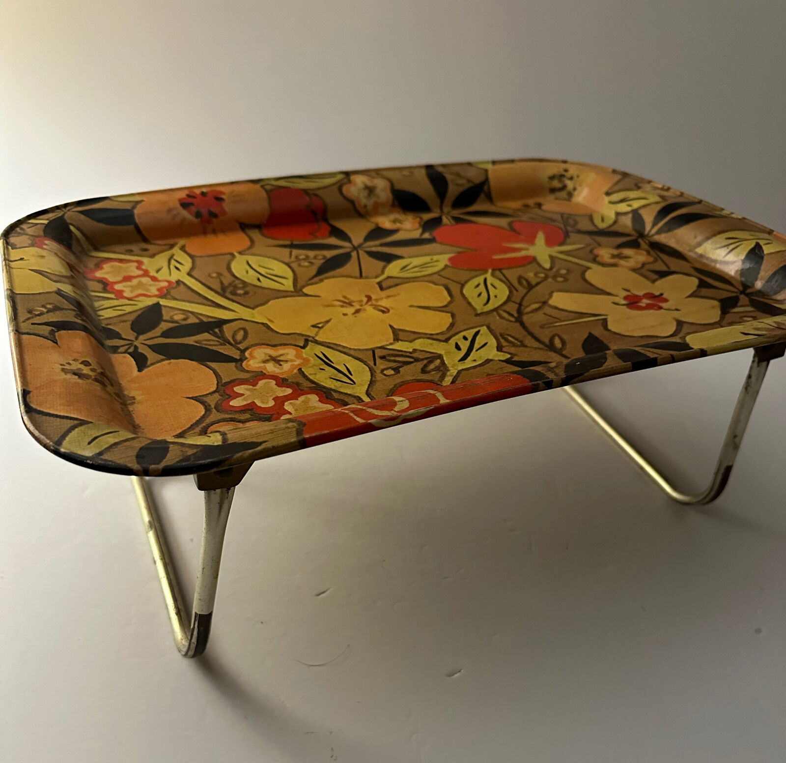 Vintage FLORAL MCM TV Table Bed Lap Tray Metal Folding Legs -Aluminum