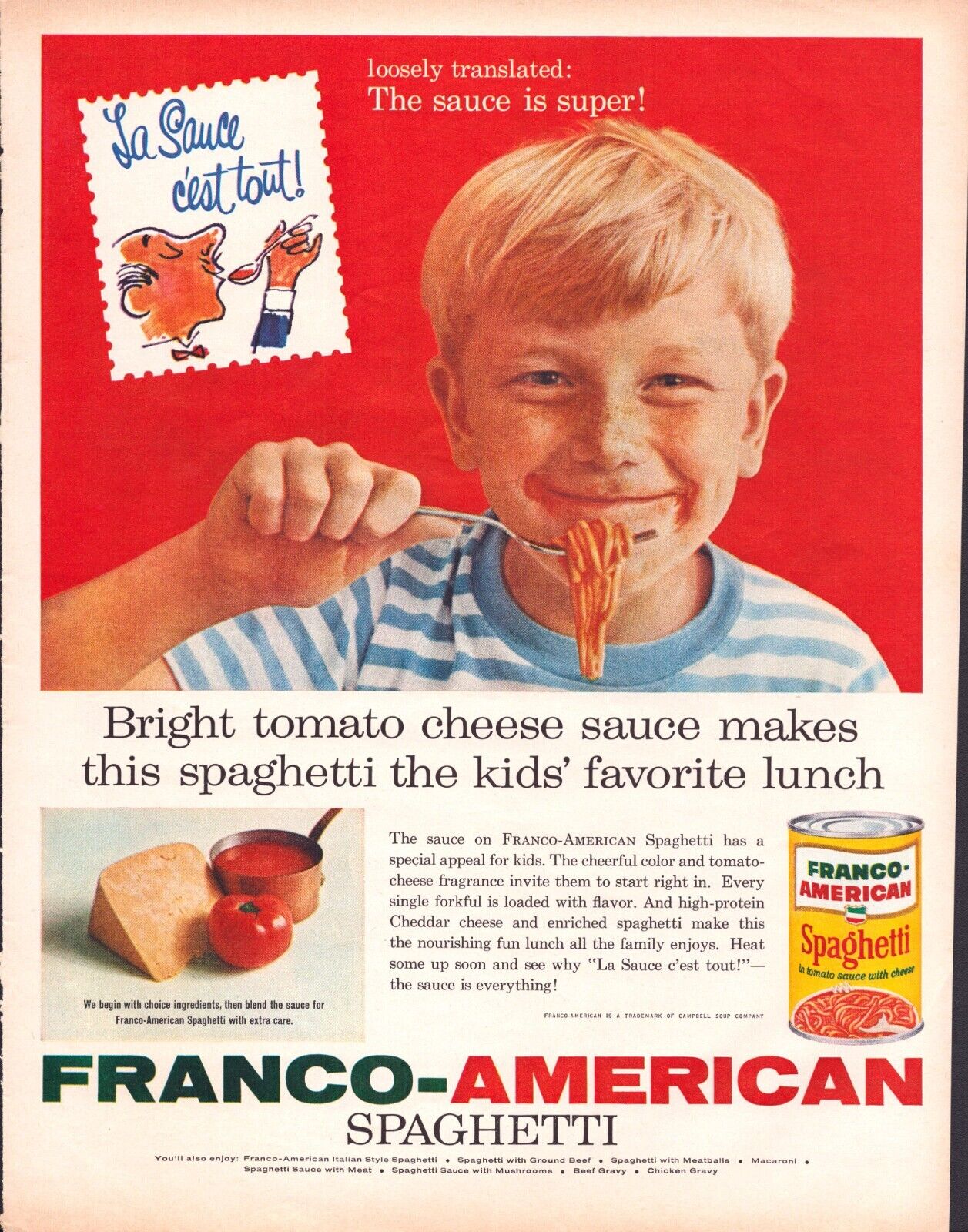Vintage Print Ad -1960 for Franco-American Spaghetti and Samsonite Luggage