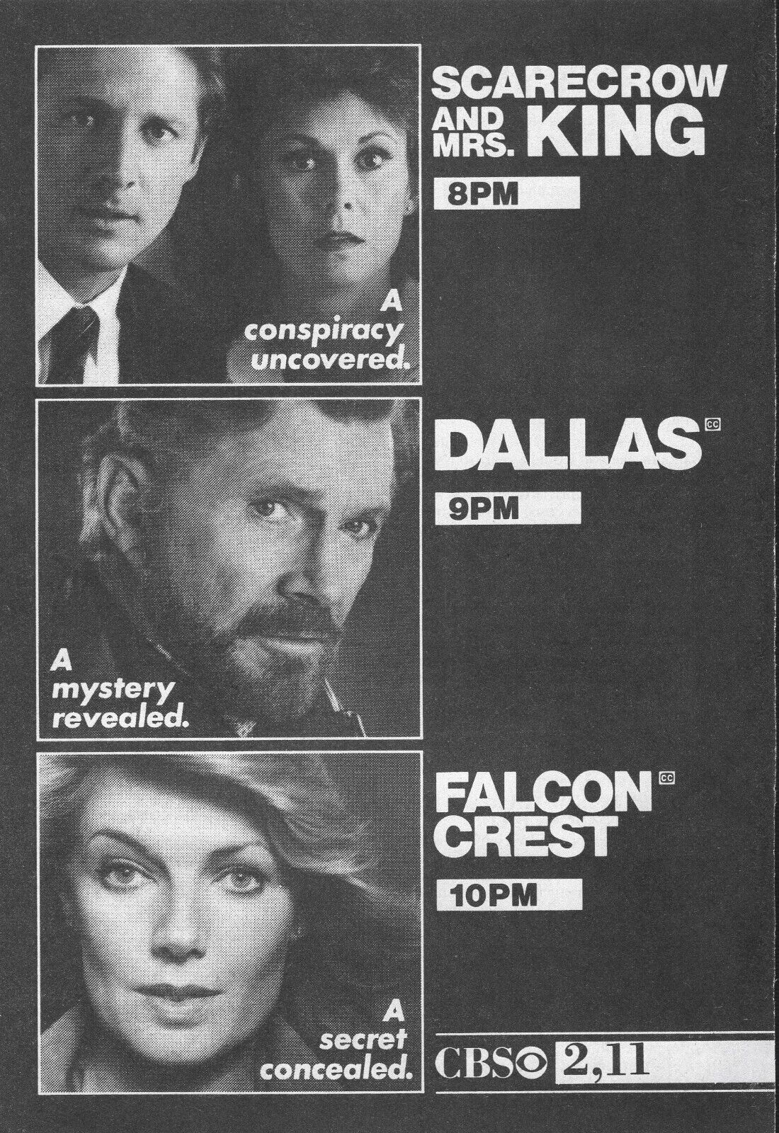 1986 CBS TV AD DALLAS SERIES FALCON CREST & SCARECROW and MRS. KING 5 X 7 PROMO