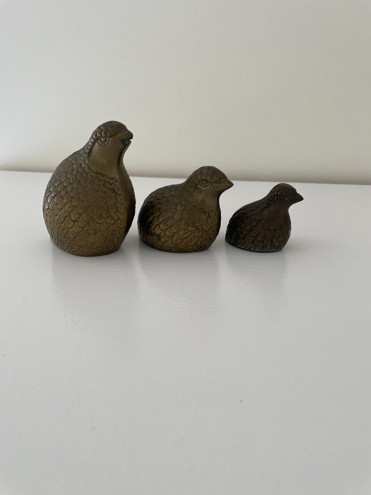 Vintage Brass Quail Partridges Bird Figurines Paperweights Set of 3 Family.