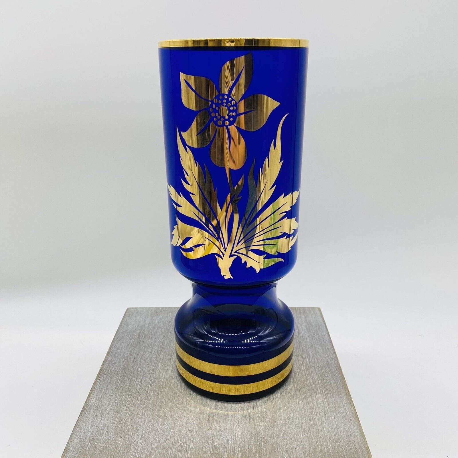 Classy MCM 9X4 Czech Bohemia Cobalt Blue Gold Leaf Glass Vase PQ Cool