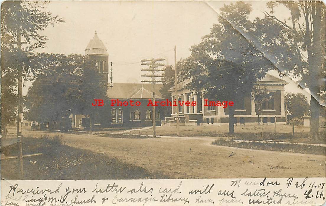 MI, Mendon, Michigan, RPPC, Methodist Church,Carnegie Library, Photo