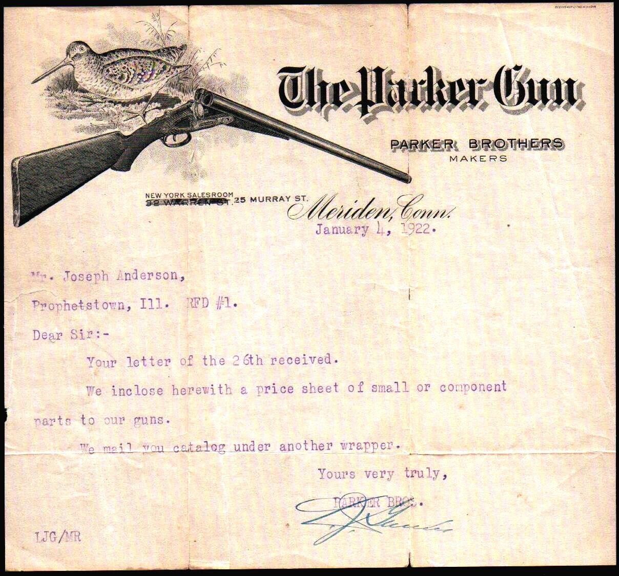 1922 Meriden Ct - Parker Gun - Rare History Letter Head Bill