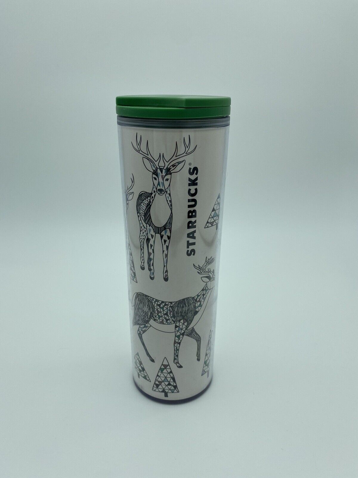 STARBUCKS Holiday Christmas Geometric Tree Deer 16oz Acrylic Coffee Tumbler 2017