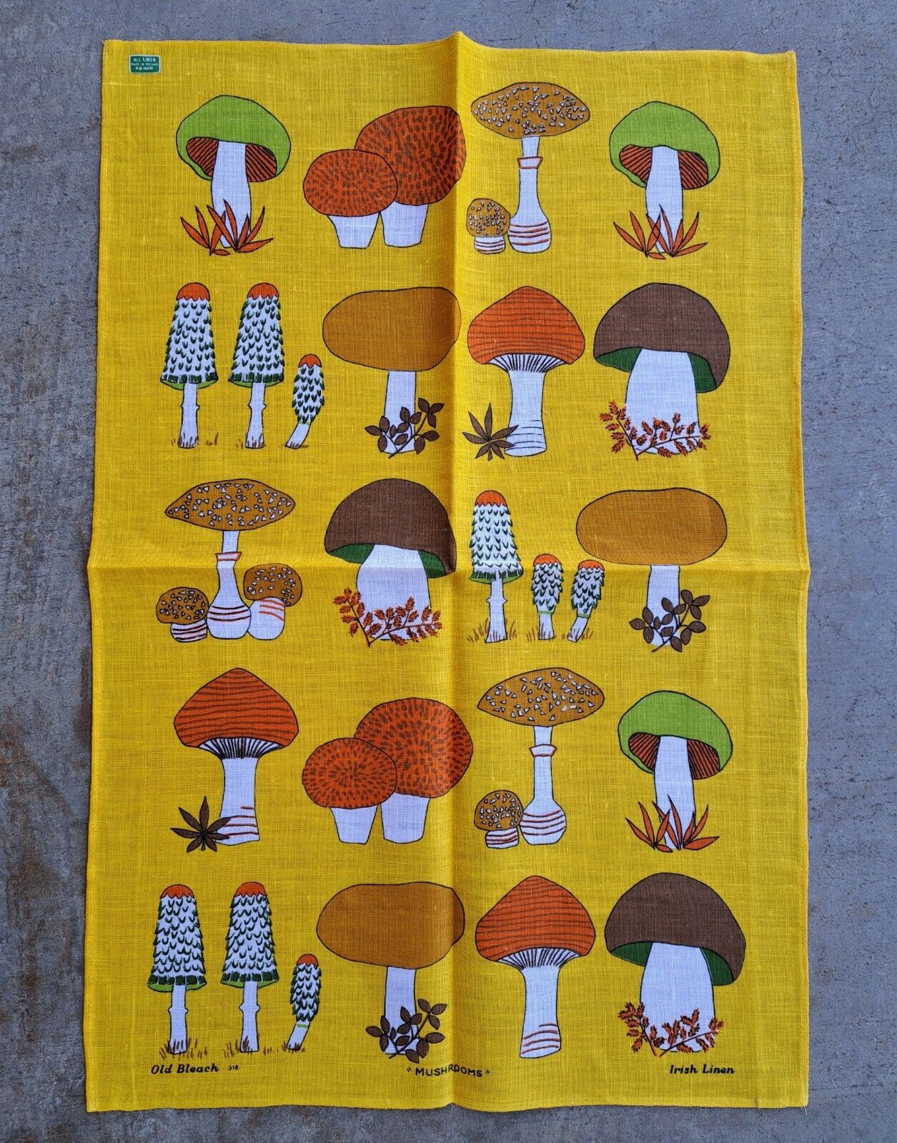 VTG 70s NOS Old Bleach 318 Mushrooms Linen Dishtowel Made In Ireland Colorful
