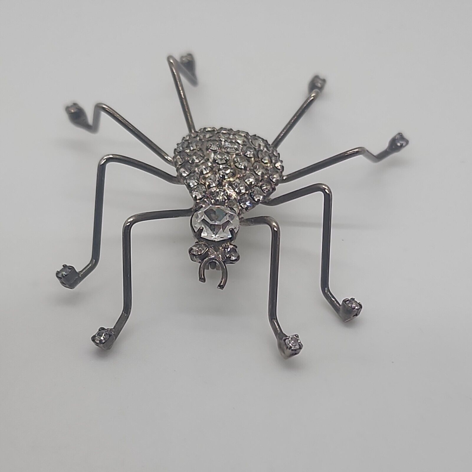 Vintage silver tone rhinestone SPIDER insect brooch pin