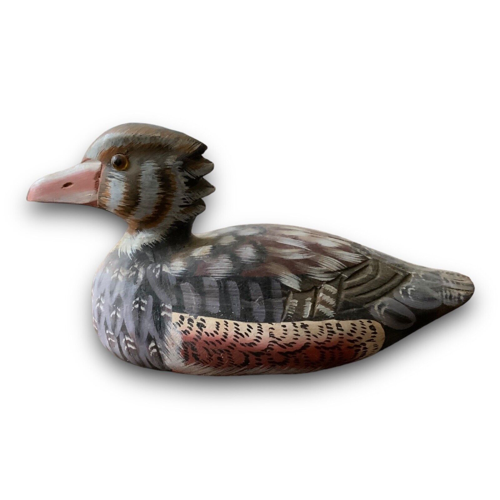 Miniature Decoy Wooden Ducks Hooded Merganser Female Vintage Small 3.25x6” Wood