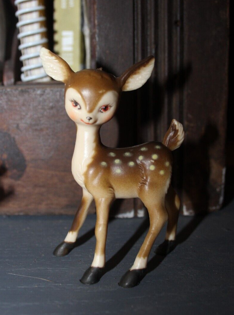 Vintage Christmas Reindeer Deer Fawn Figurine Plastic Big Eyed 60’s So Cute