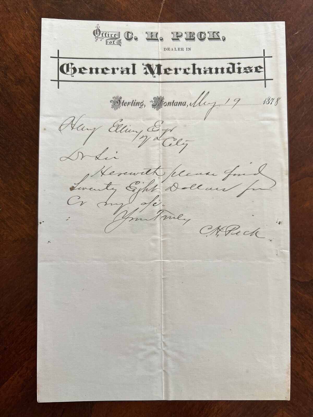 May 19, 1878 Original Sterling, MT Letterhead: C. H. Peck General Merchandise