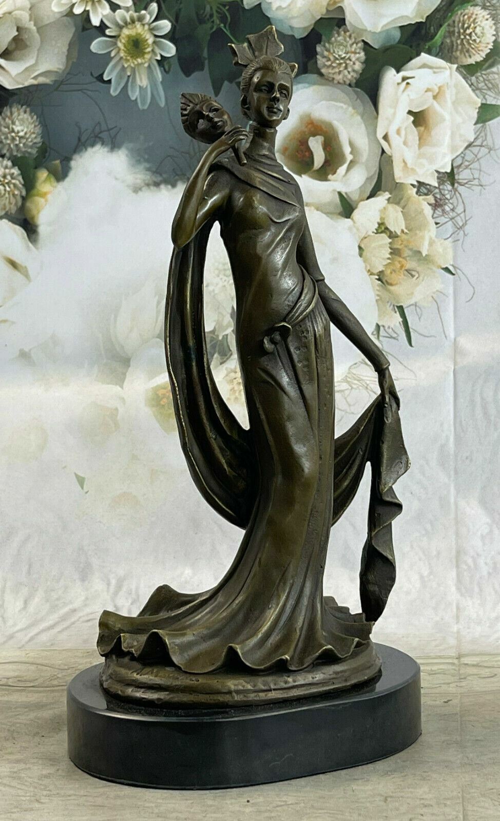 Art Deco Bronze Figurine Cape Girl Statue 1920 Style Signed Moreau French Art NR