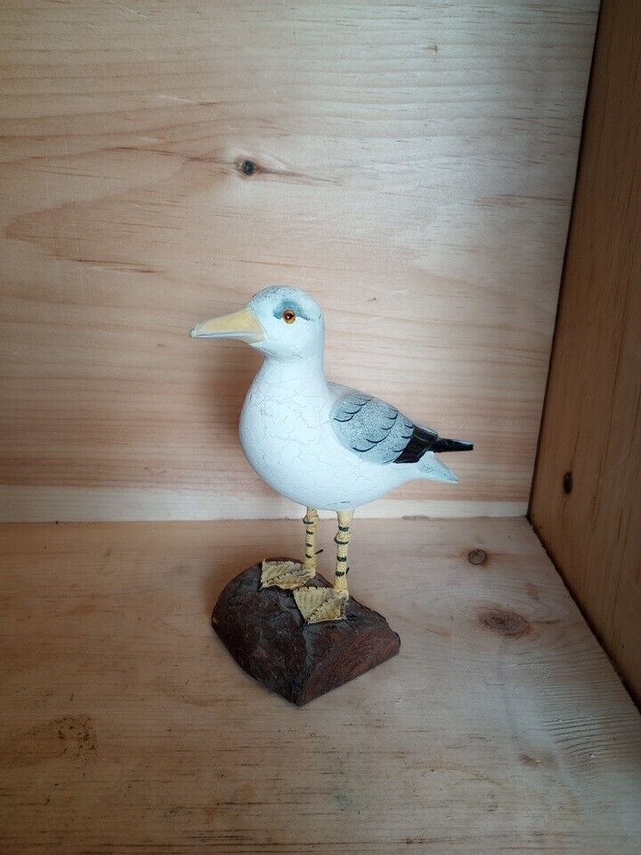 Hand Carved Wood Seagull Bird Figurine Sculpture Beach Nautical Decor