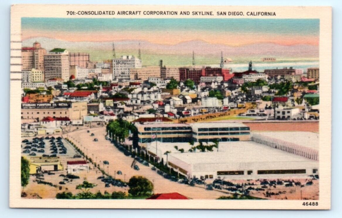 VTG 1947 Postcard Consolidated Aircraft Corporation Skyline San Diego Linen A7