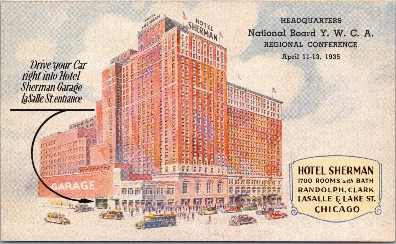1935 CHICAGO, IL Postcard HOTEL SHERMAN Artist\'s View \