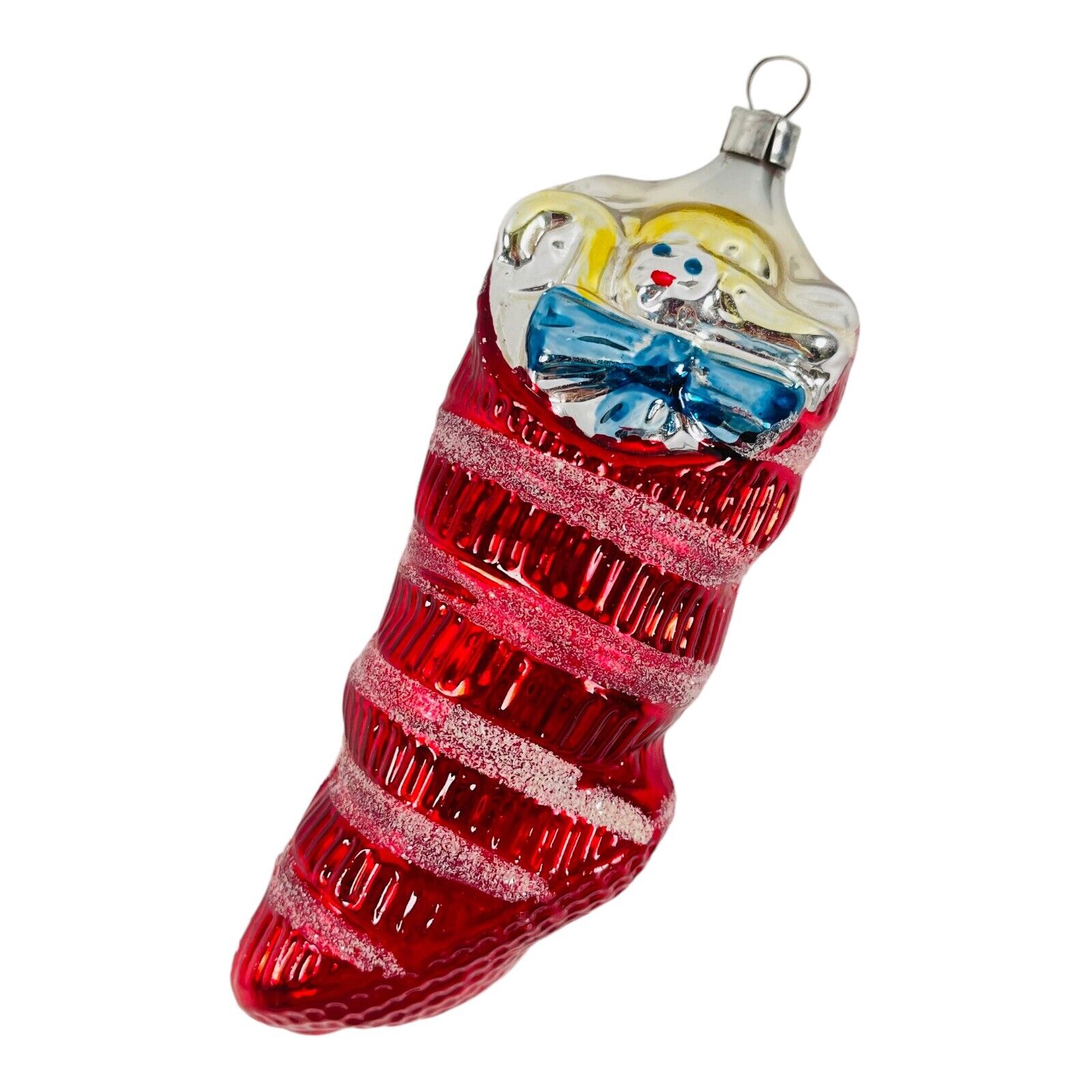 Vintage West Germany Blown Glass Christmas Ornament Red Striped Stocking Toys A