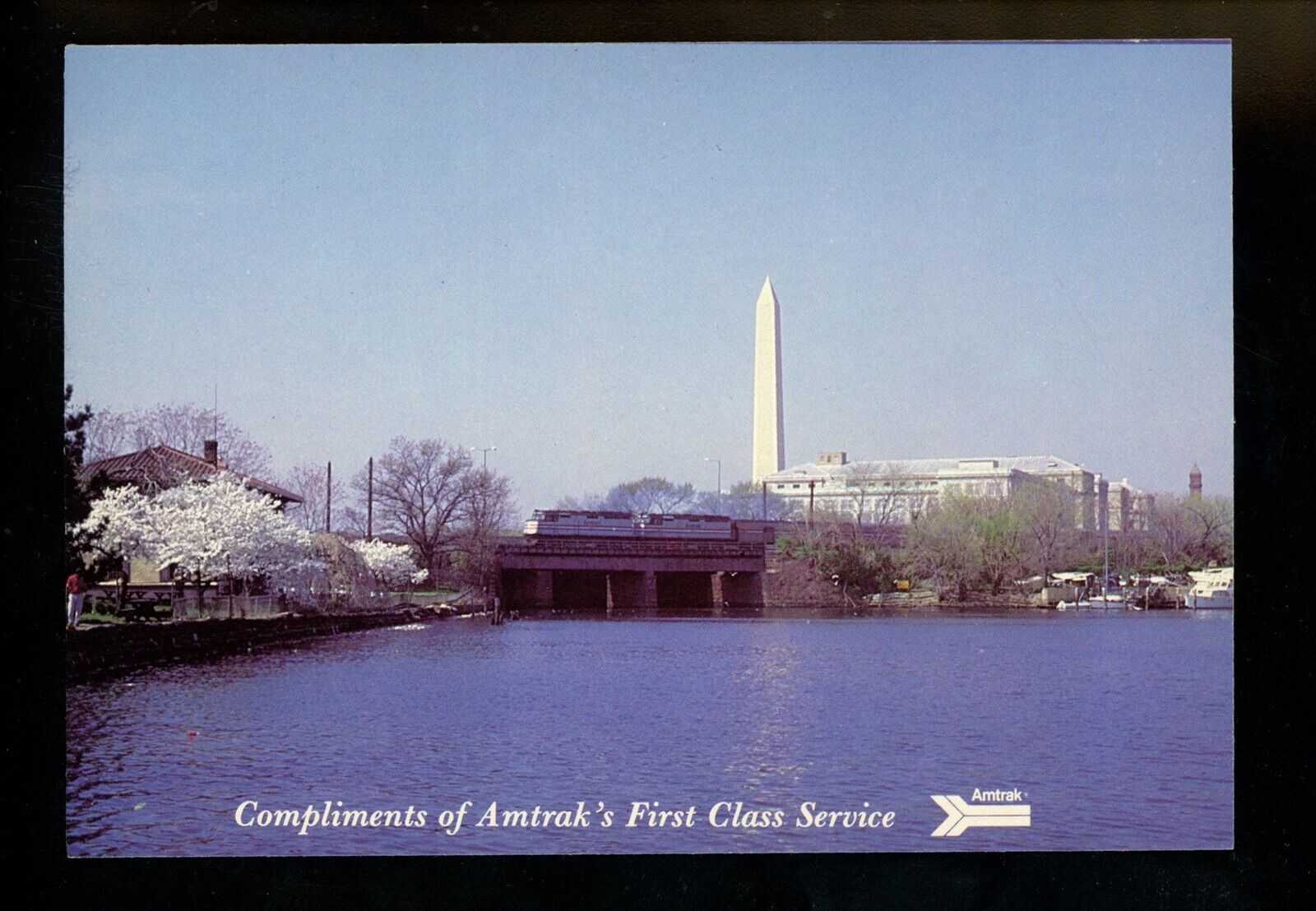 Train Railroad postcard Amtrak Potomac River Washington DC monument advertising 