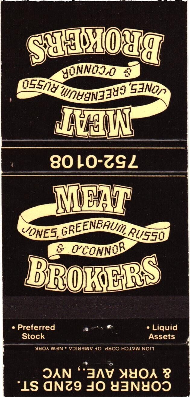 Jones, Greenbaum, Russo & O\'Connor Meat Brokers Vintage Matchbook Cover