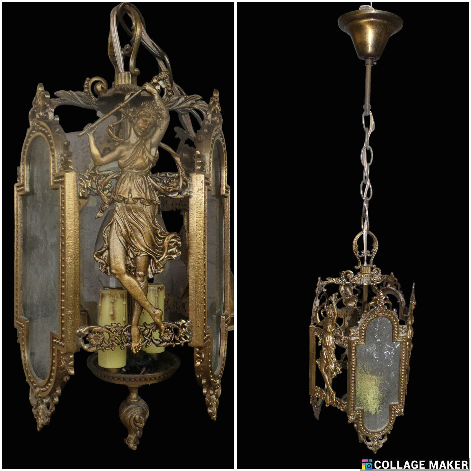 Vintage italian Bronze lady figurine Glass Lantern Chandelier lamp