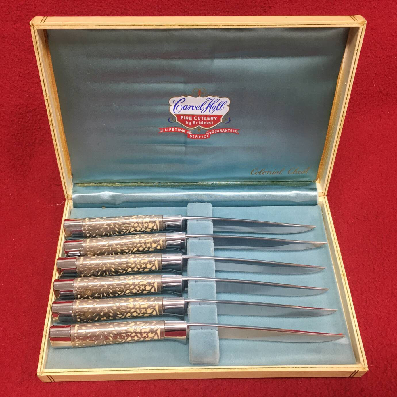 Vintage MCM Carvel Hall by Briddell 6 pc Knife Set in Colonial Chest Box