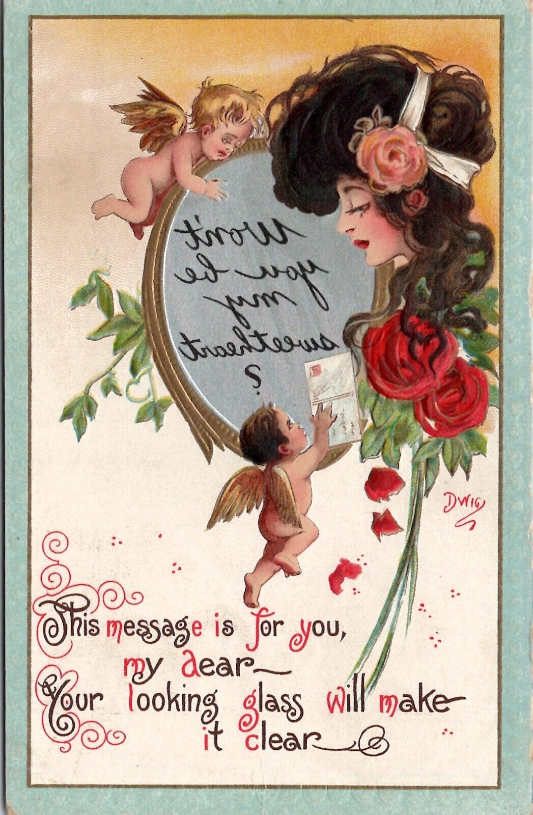 Dwig Glamour Woman Roses Cherubs Hidden Message Gilded Mirror c1910 Postcard W14