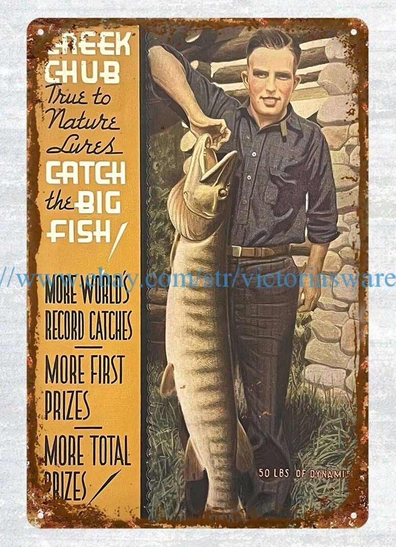1937 Creek Chub Bait Co. Garrett Indiana fishing metal tin sign bar club wall