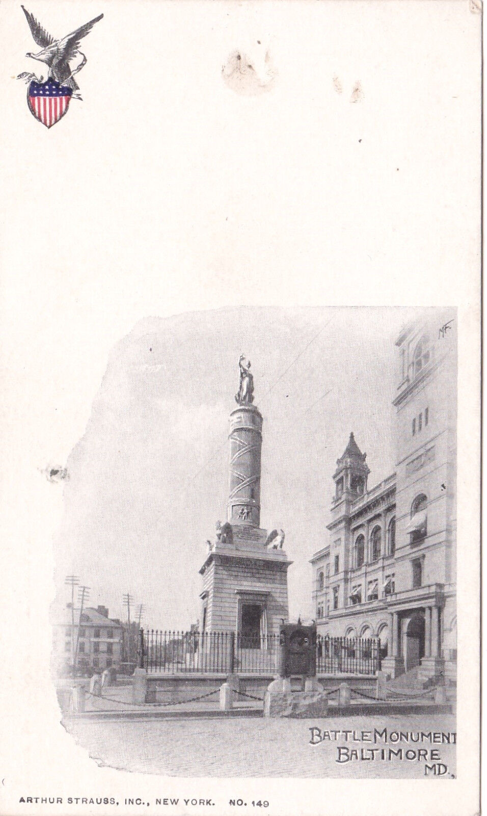 1901-1907 Baltimore MD Postcard War of 1812 Battle Monument Strauss NY Pub. RARE
