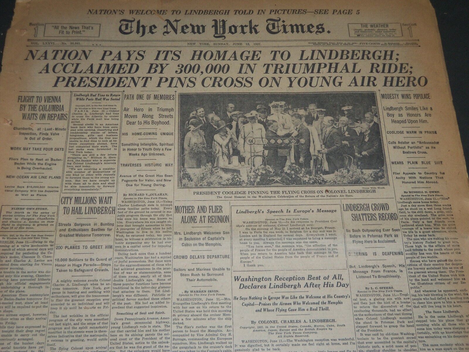 1927 JUNE 12 NEW YORK TIMES - NATION PAY ITS HOMAGE TO LINDBERGH - NT 5067