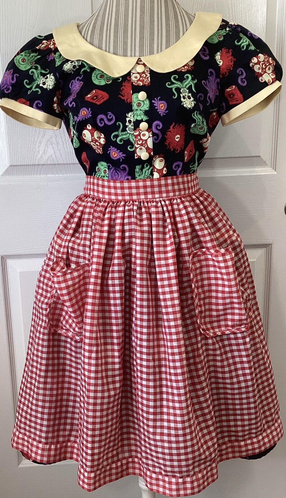 Vintage Red Gingham A-Line Apron With Pockets Pinup Rockabilly One Size