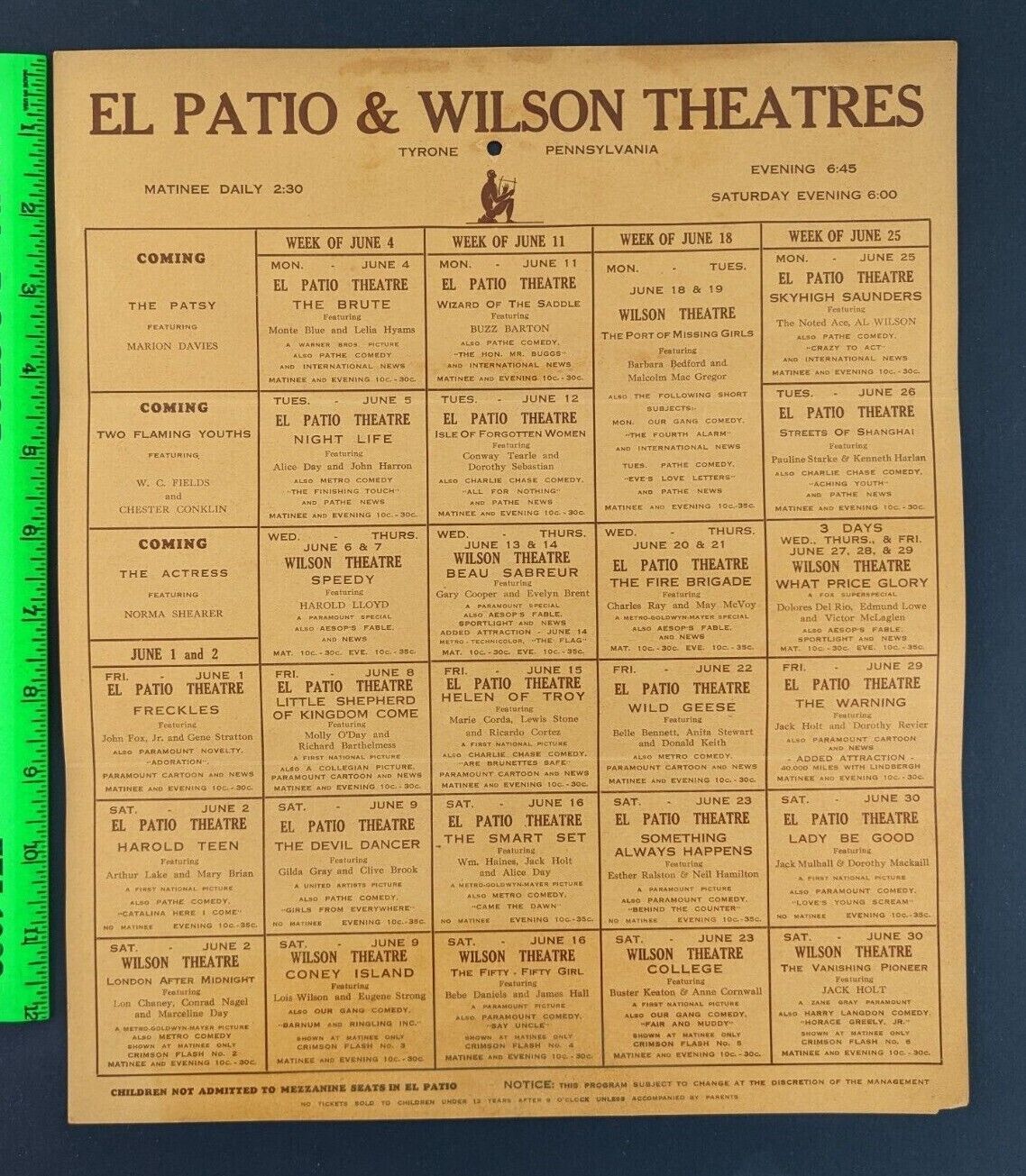 Vintage 1928 El Patio & Wilson Theater Tyrone Pennsylvania Show Calendar Sign