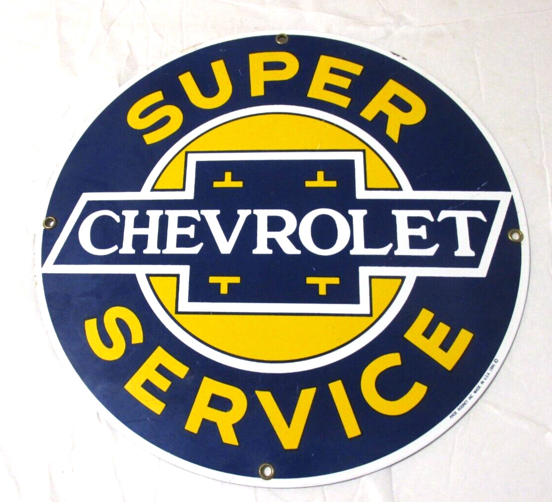 RARE Vintage SUPER CHEVROLET SERVICE Ande Rooney Porcelain Advertising Sign 11”