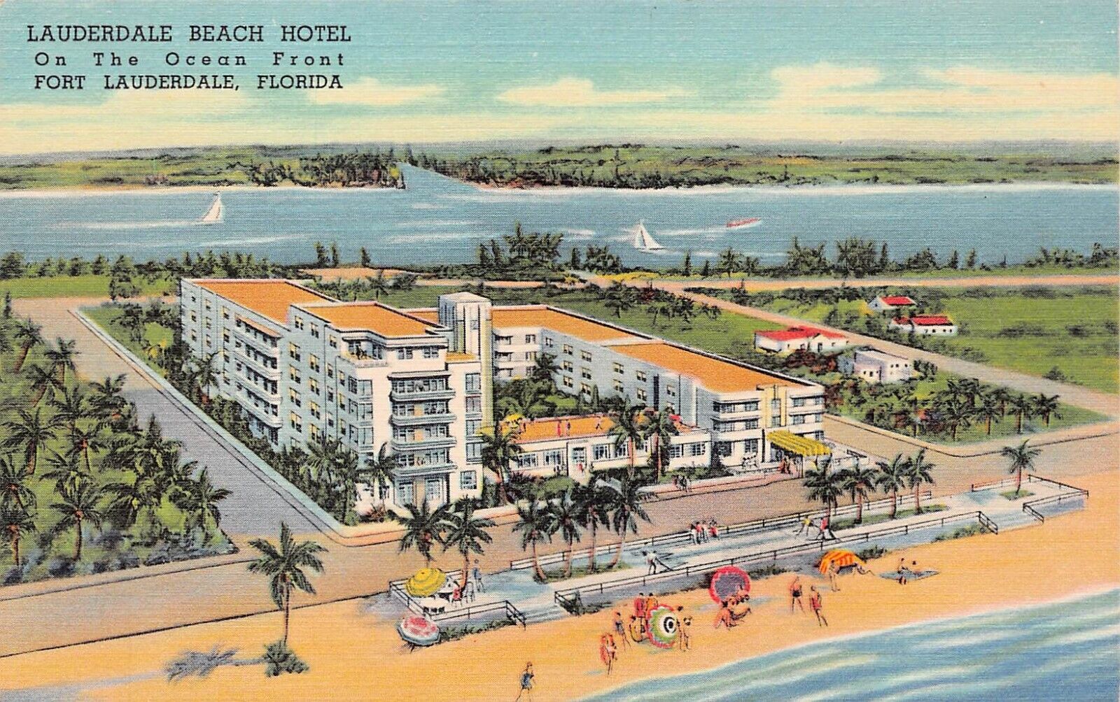 Fort Lauderdale FL Florida Beach Hotel Inlet River Aerial 1930s Vtg Postcard D43