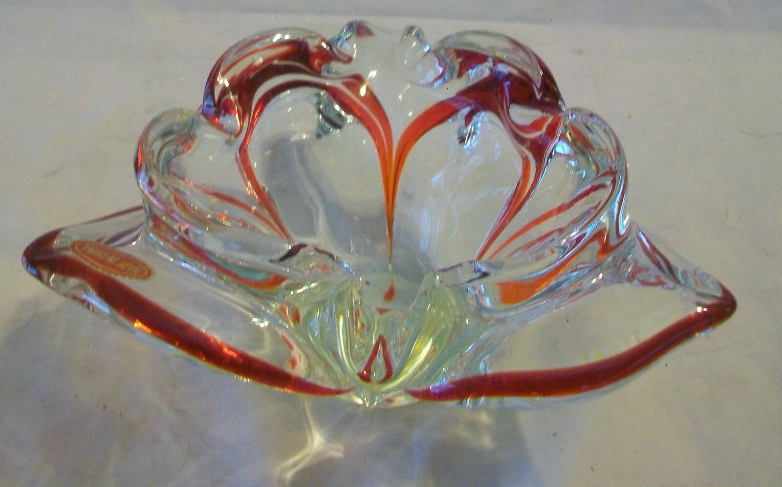 RED AND CLEAR GLASS ASH TRAY OR CANDY DISH
