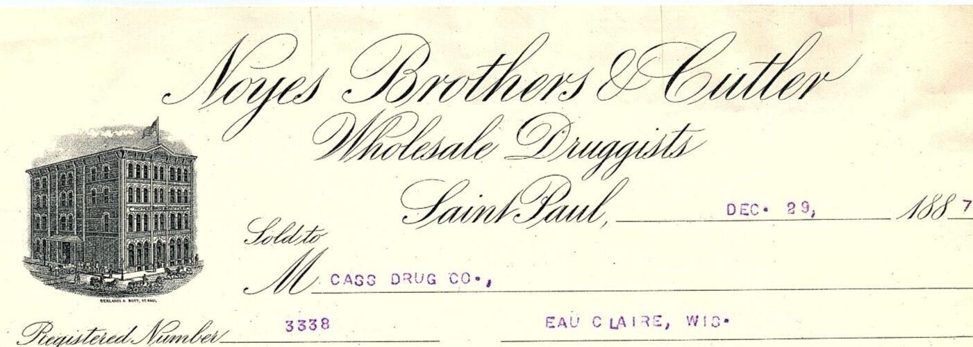 1887 ST PAUL MN NOYES BROTHERS & CUTLER WHOLESALE DRUGGISTS BILLHEAD Z4235