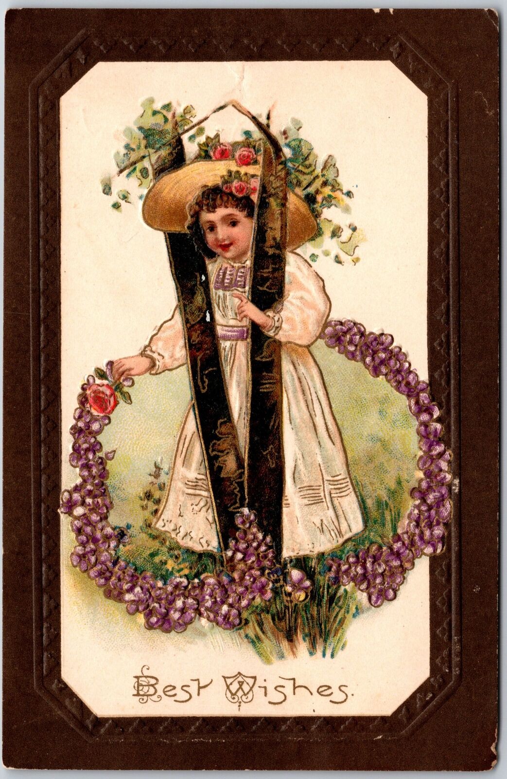 1909 Best Wishes Angel Fancy Hat Long Dress Flower Posted Postcard