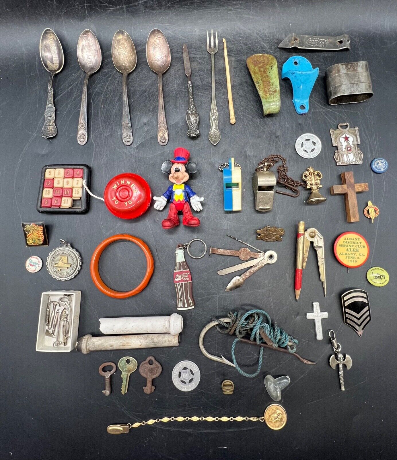 Vintage Mixed Collectibles Lot Spoons Keys Mickey Toy Badge Pins Whistle Jewelry