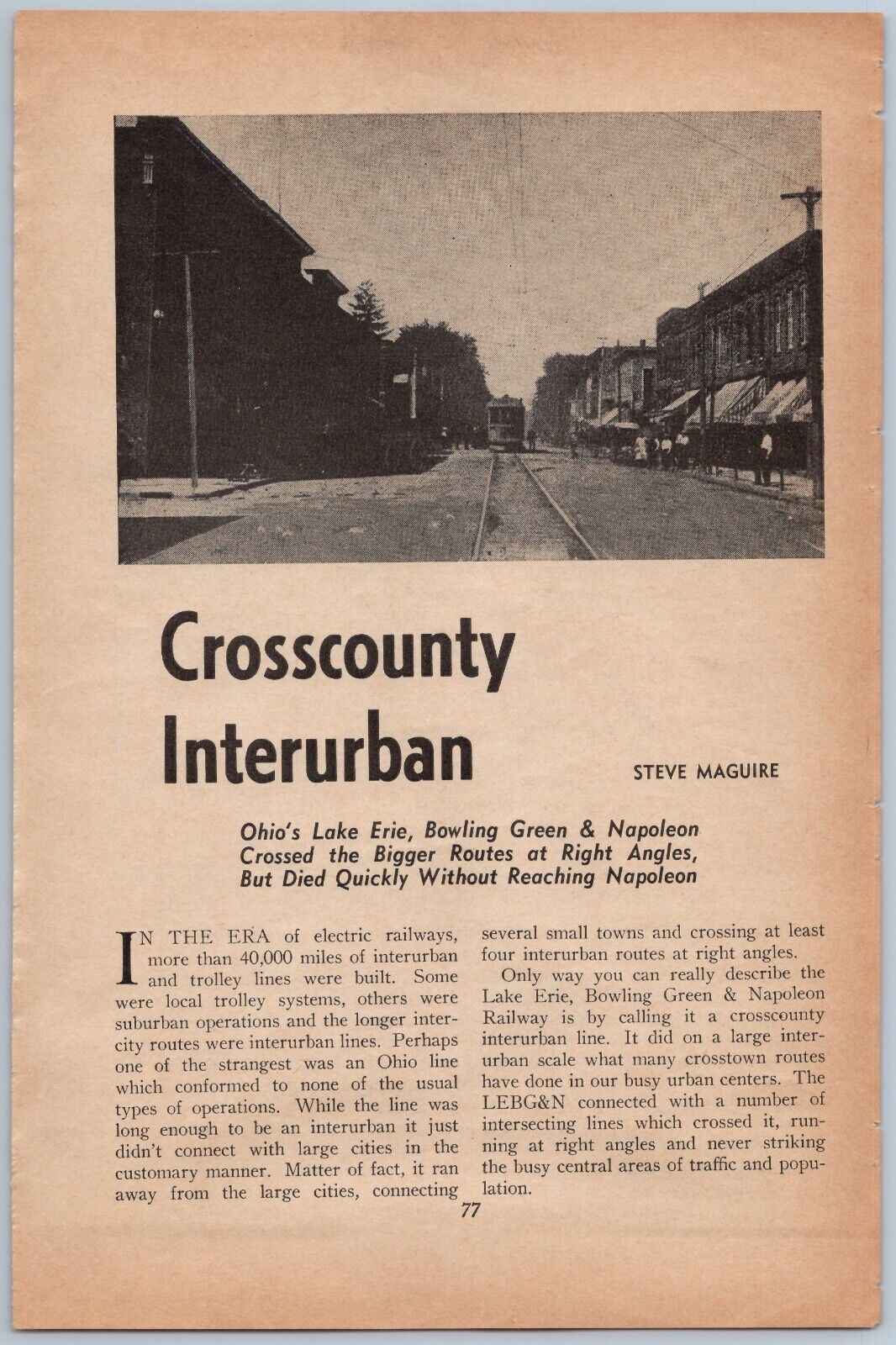 1951 Lake Erie Bowling Green & Napoleon Railway Article Streetcar History Ohio