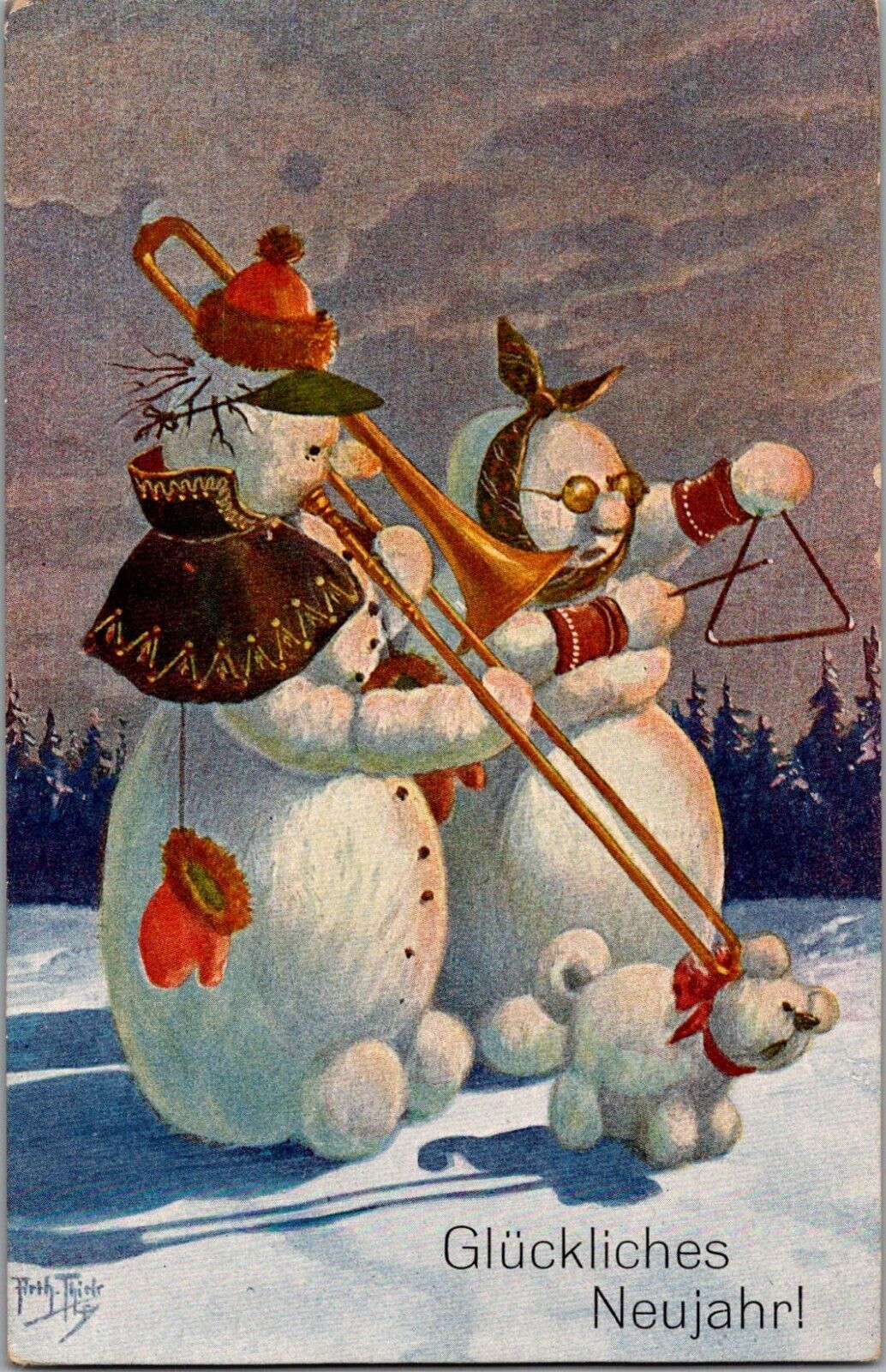 1940s GERMAN New Year Postcard Snowman Wear Disguise Plays Trombone Snow DOG
