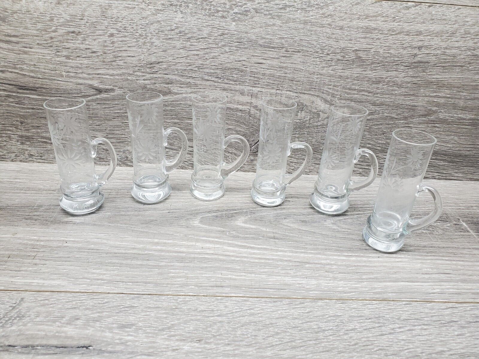 Vintage Heavy Etched Glass Low Finger Shot Glass Set or 6 Shot Glasses