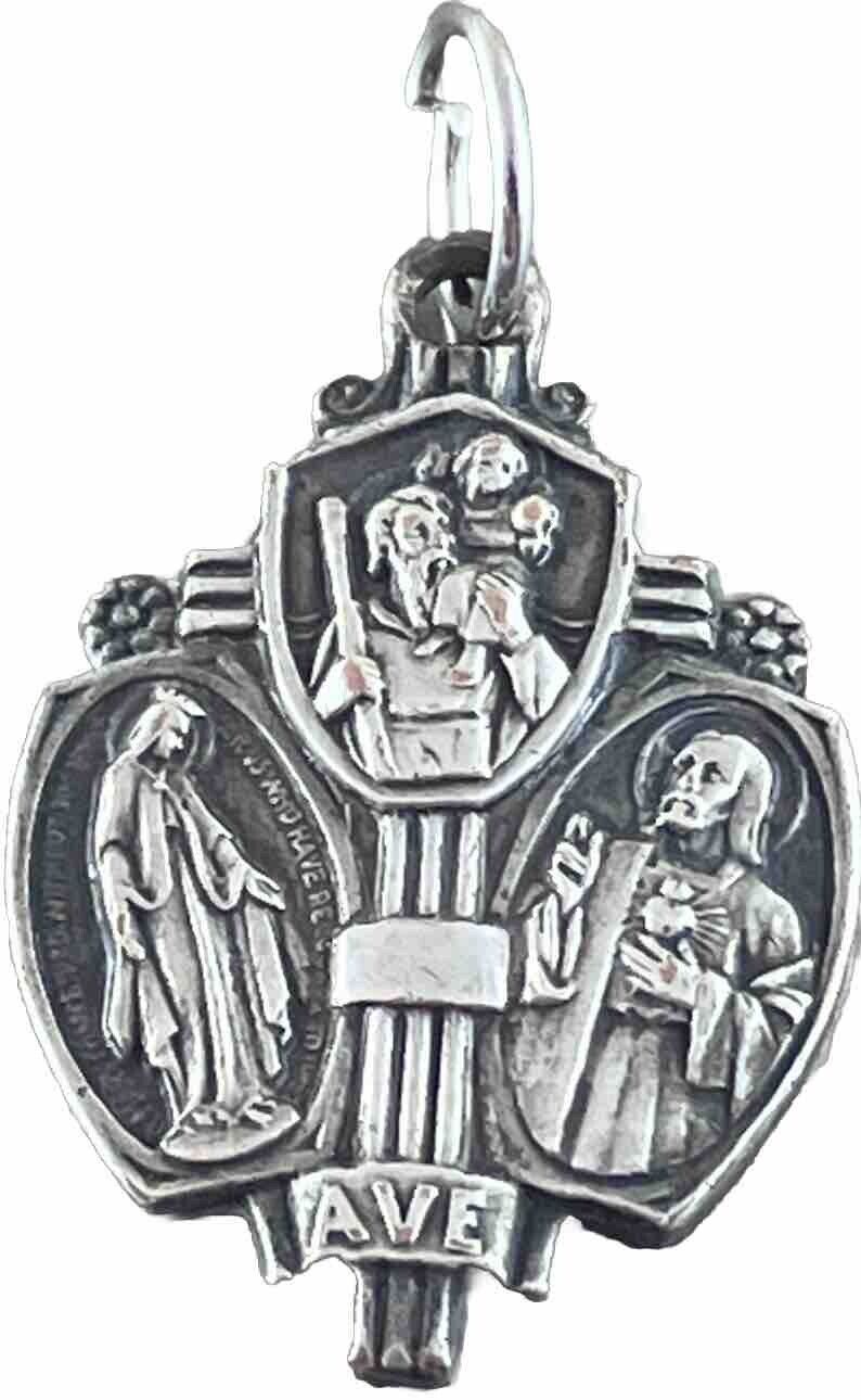 Vintage Catholic 3 Way Silver Tone Religious Medal
