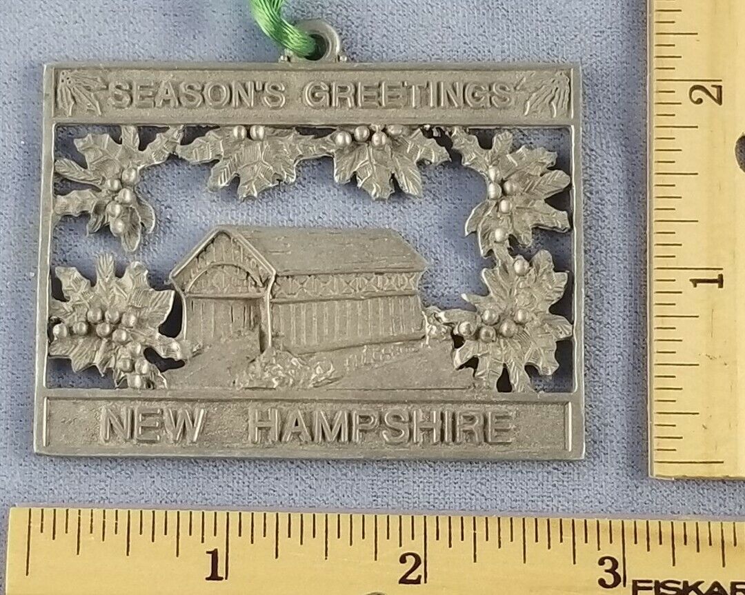 NEW HAMPSHIRE PEWTER ORNAMENT Covered Bridge & Holly Signed JOSEF© 1990