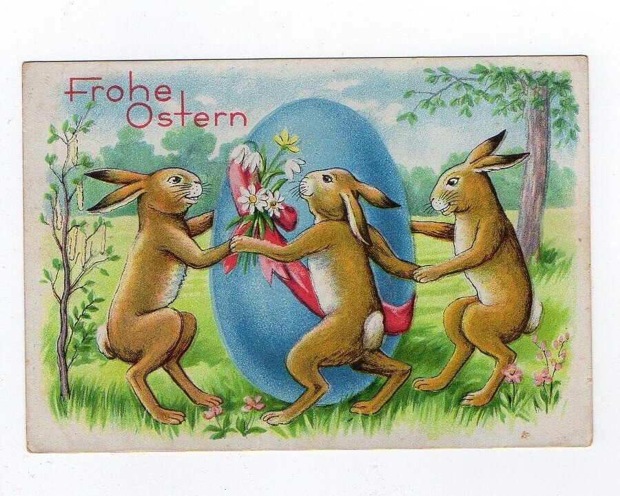 DB Postcard, Frohe Ostern, Happy Easter, Rabbits Dancing Around Easter Egg