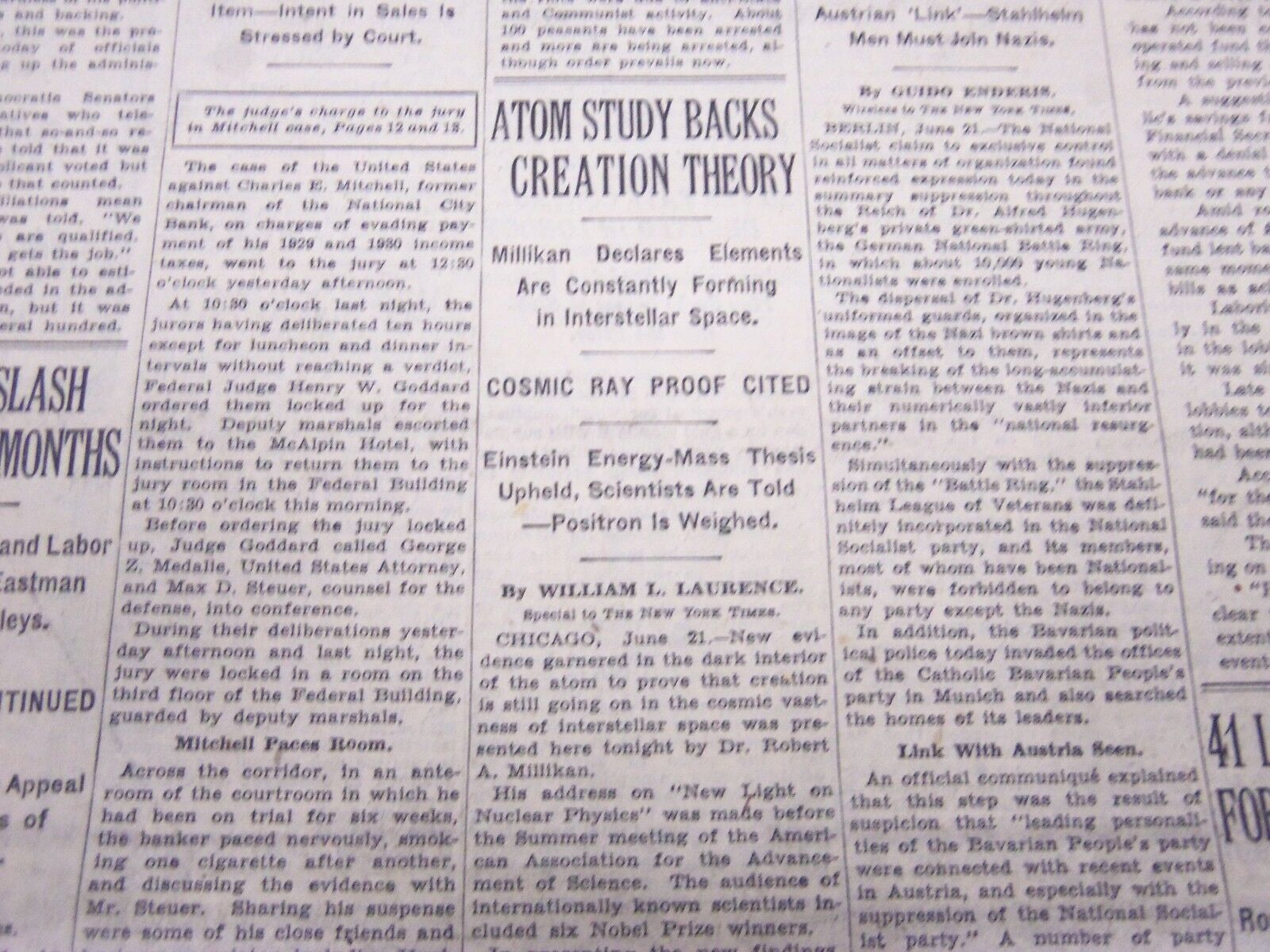 1933 JUNE 22 NEW YORK TIMES - ATOM STUDY BACKS CREATION THEORY - NT 5245