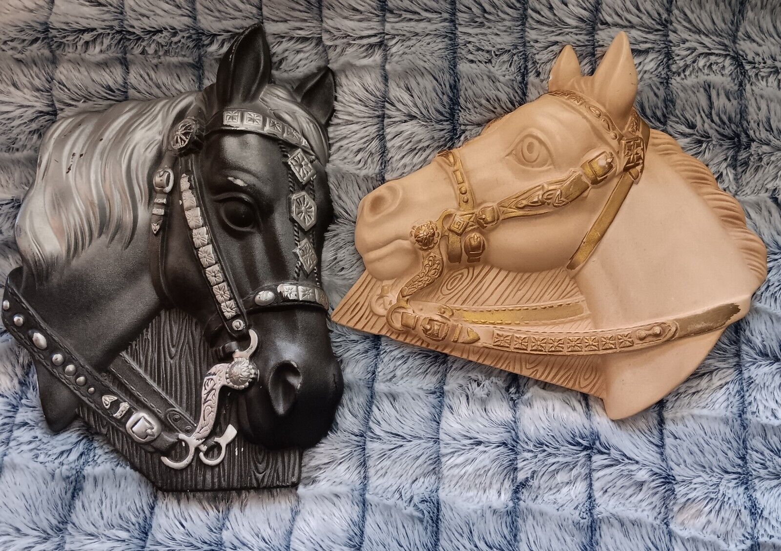 Pair of Vintage Horse Head Chalkware Plaques Wall Art 1960\'s See Description