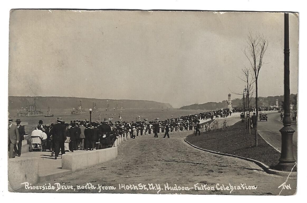 RPPC Hudson-Fulton Celebration 1909 Riverside Drive Parade of Ships NY Postcard