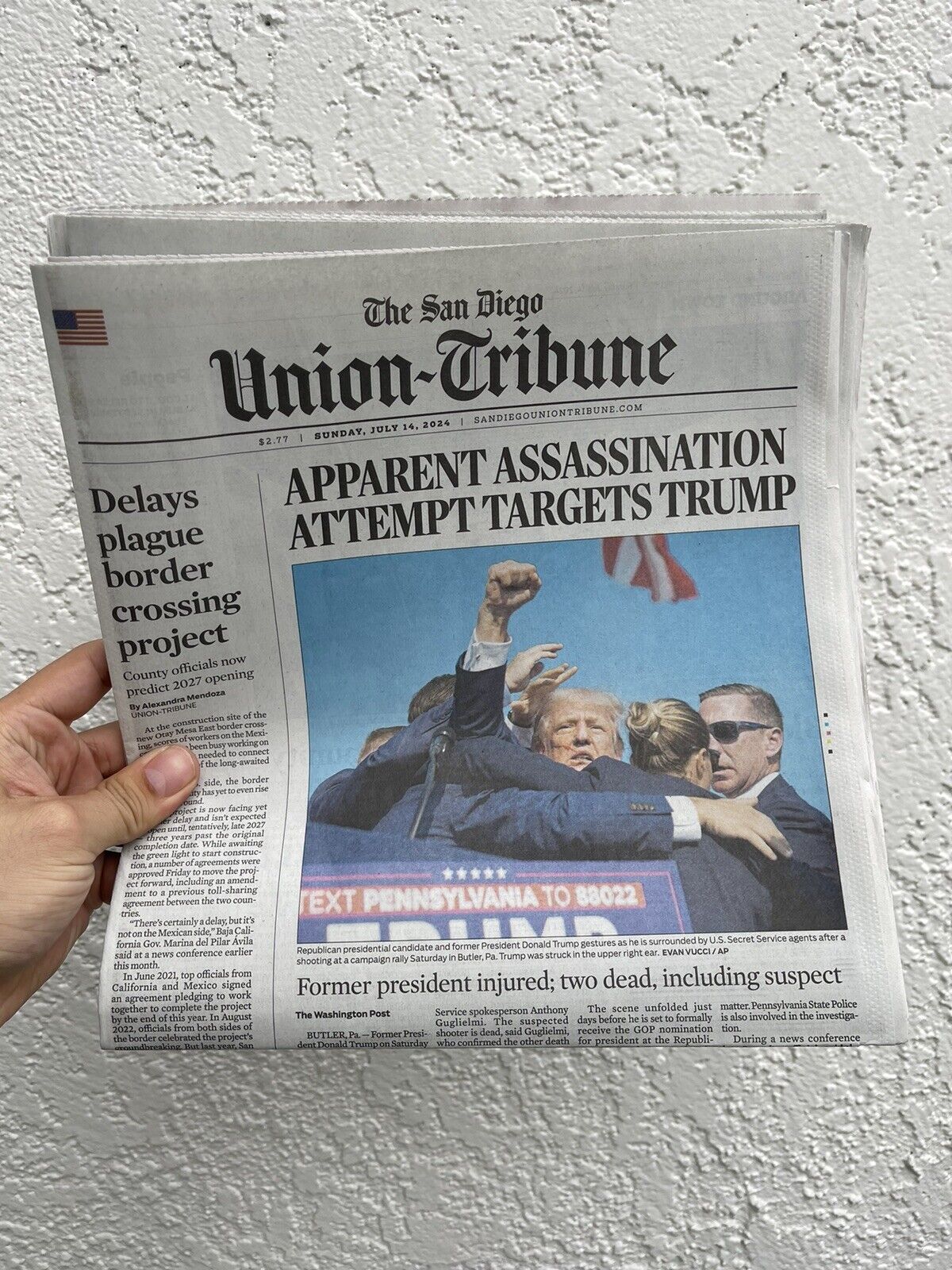 San Diego Union-Tribune Newspaper Trump Shot At - Sunday July 14 2024