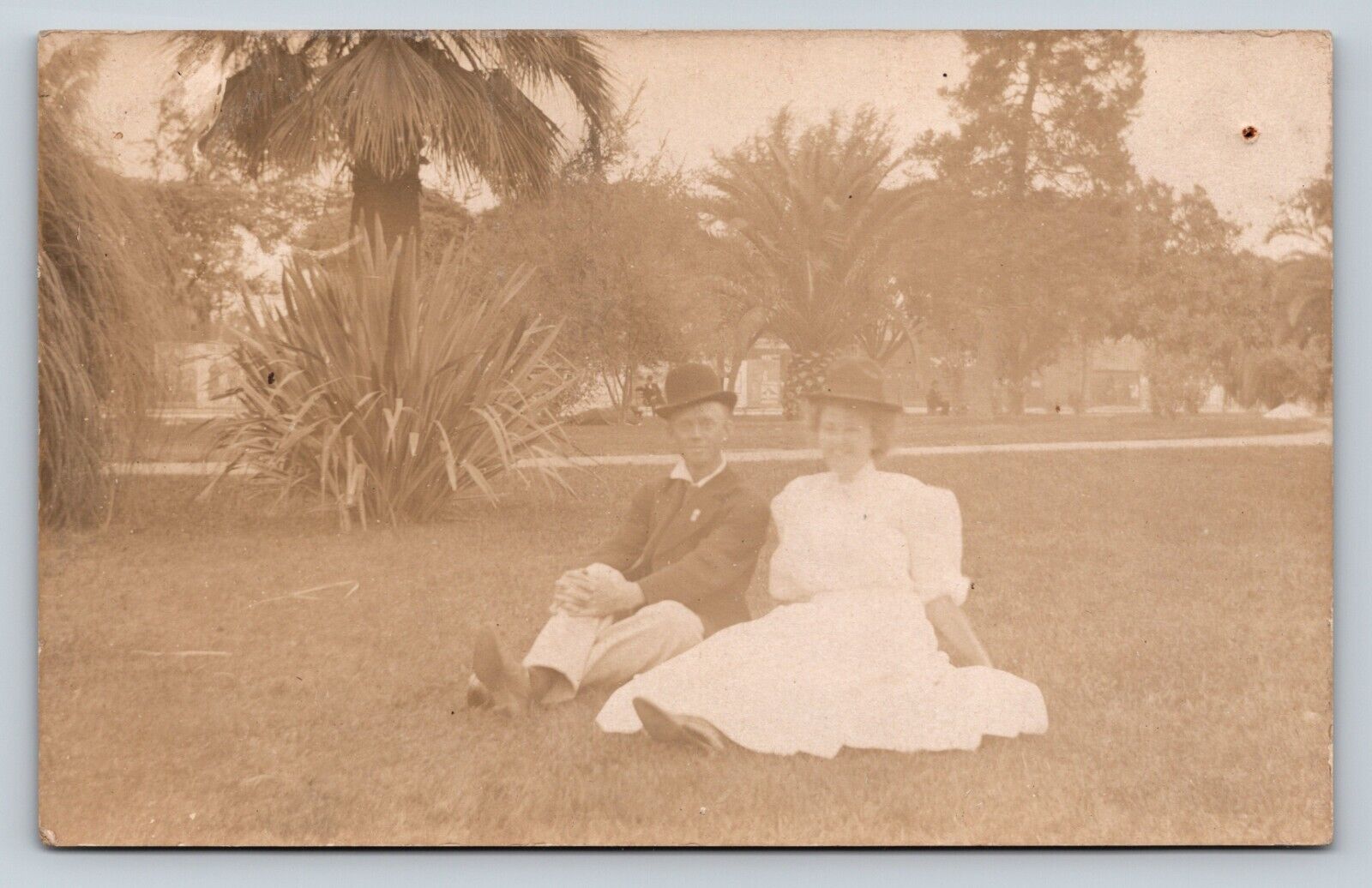 RPPC Couple Dressed Fashionably Sits in Grass AZO1904-1918 ANTIQUE Postcard 1358