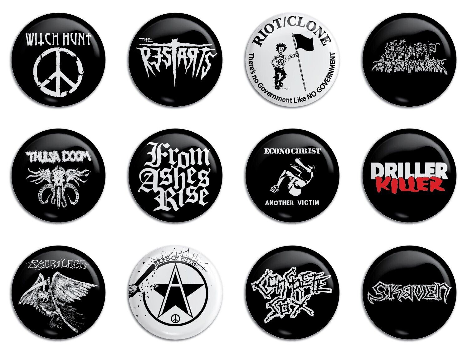 Crust Punk Band Pack 3 Buttons Pins Pinbacks Witch Hunt, Thulsa Doom, Restarts